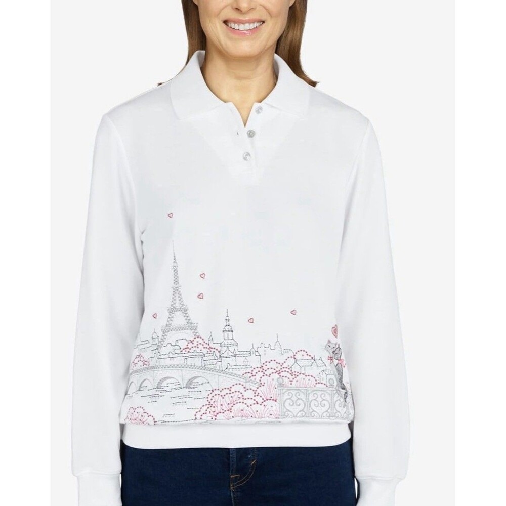Alfred Dunner Cats in Paris Embroidered Knit Pullover Top Valentine Grandma XL